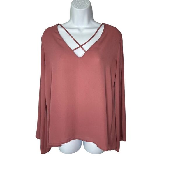 Lush Womens S Lattice Neck Bell Sleeve Blouse - Picture 1 of 8